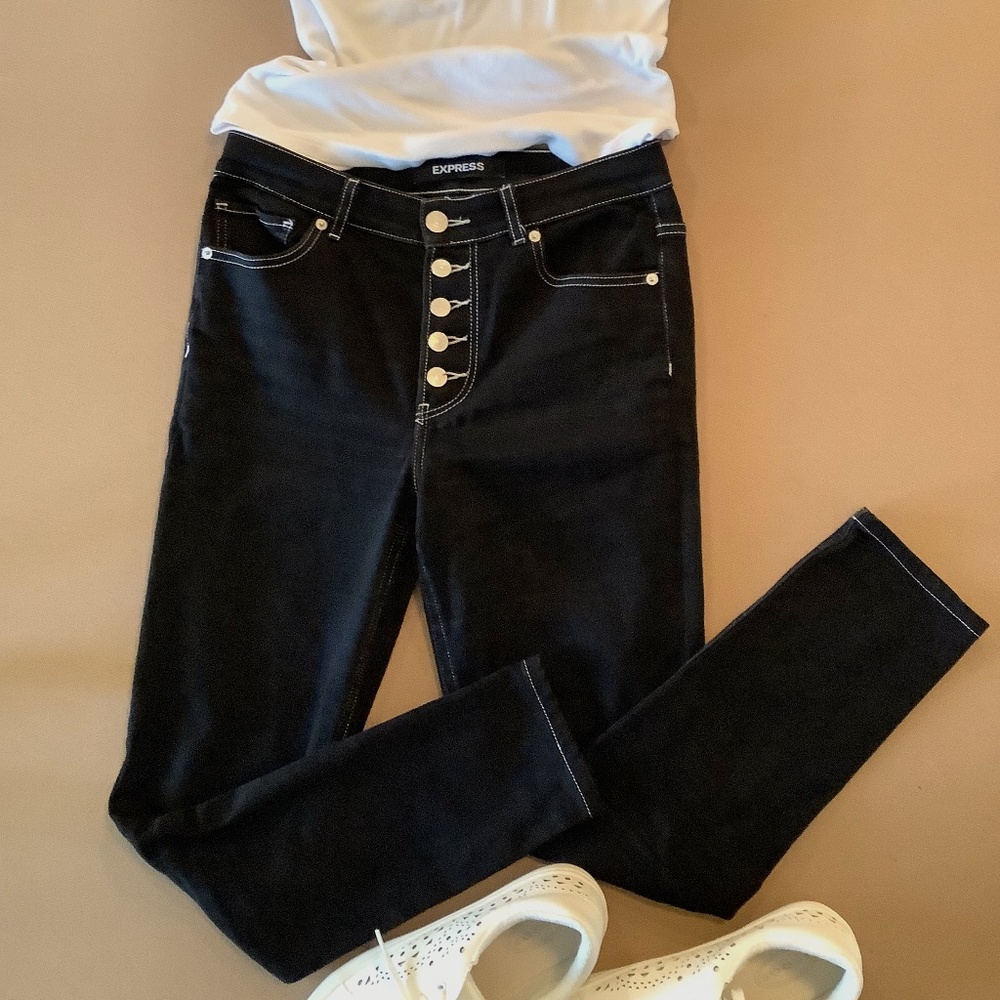 Express high rise black button fly skinny jean